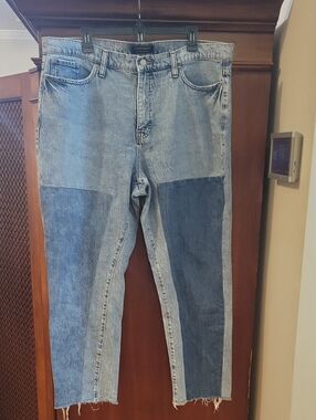 Banana Republic High Rise Straight Light Blue Patchwork Jeans Raw Hem Womens 18